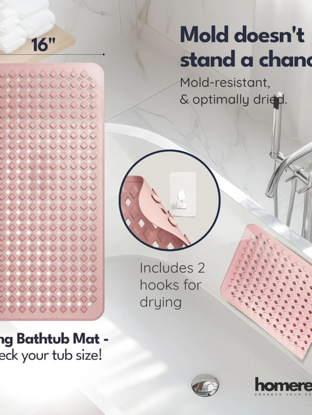 Non-Slip Bathtub Mat 35x16 - Eco-Friendly, Machine Washable, Includes Hooks